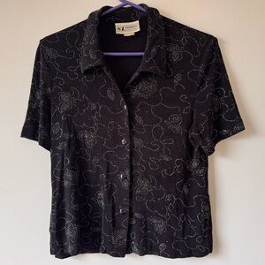 Vintage S.L. Fashions Black Short Sleeve Blouse Silver Dot Floral
